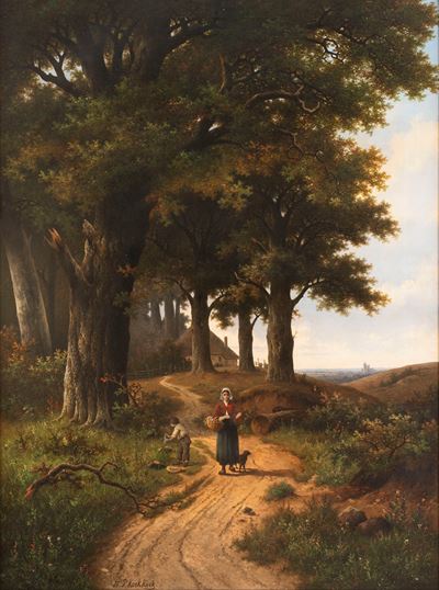 Paesaggio con contadina su un sentiero nel bosco, olio su tela