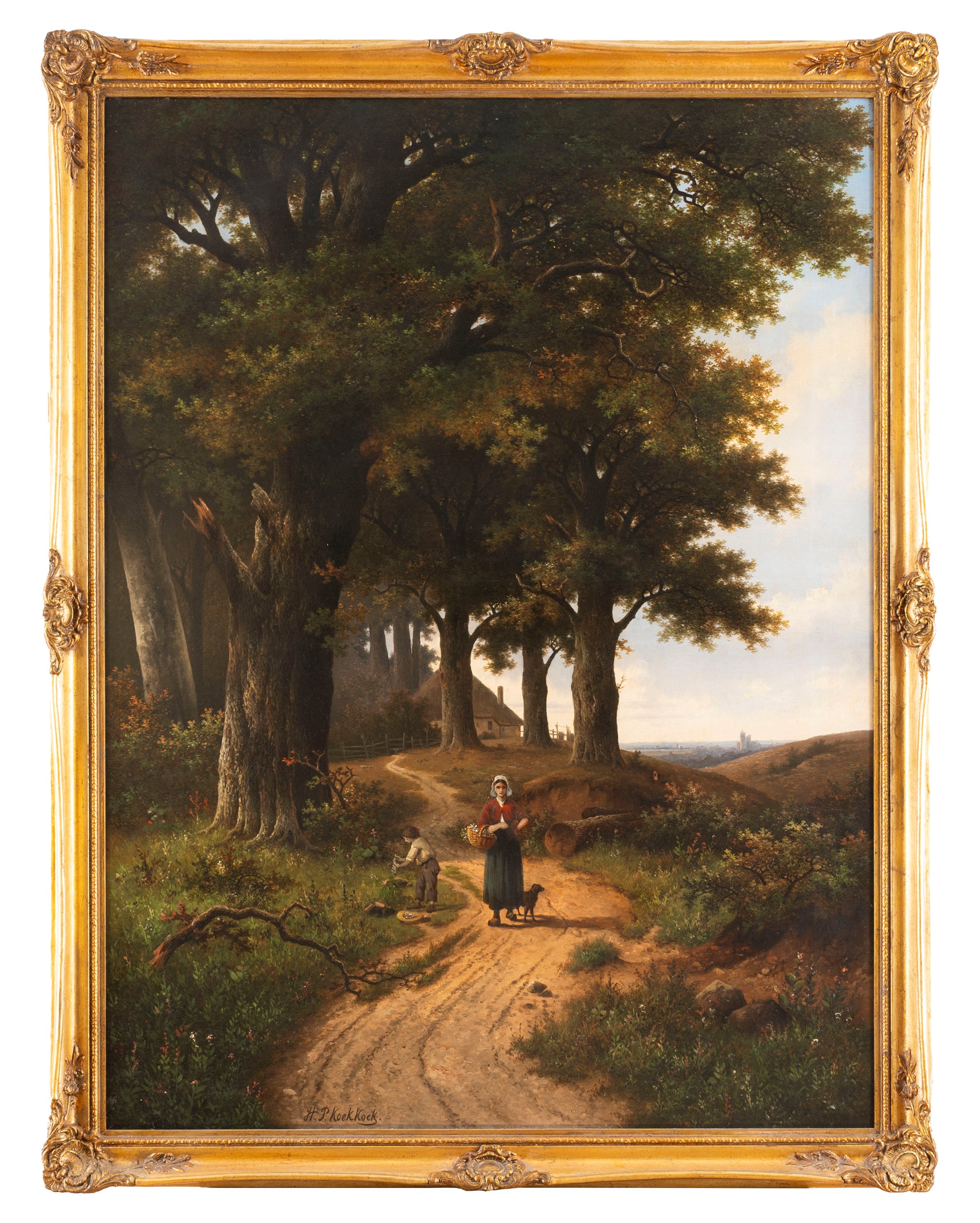 Hendrick Pieter Koekkoek - Paesaggio con contadina su un sentiero nel bosco, olio su tela