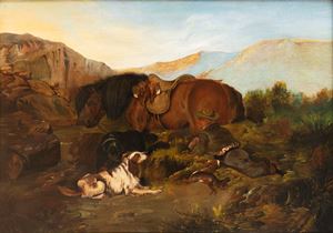 Cacciatore a riposo in un paesaggio