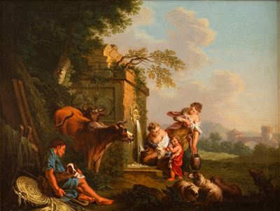 Paesaggio con viandanti presso un fontanile, olio su tela