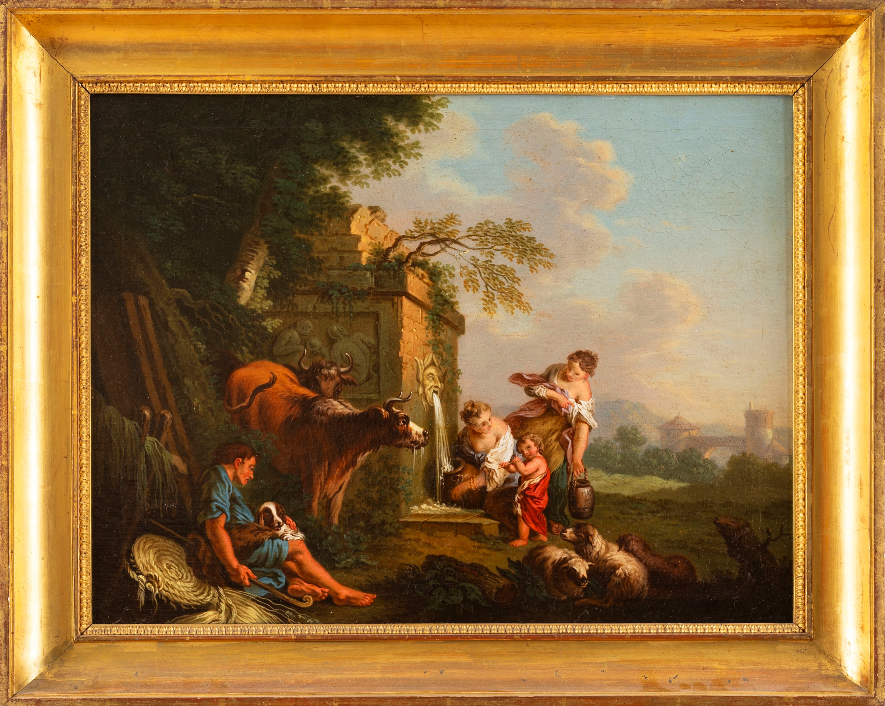 Scuola Romana, Secolo XVIII - Paesaggio con viandanti presso un fontanile, olio su tela