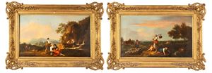Two Arcadian landscapes with shepherds and peasant women