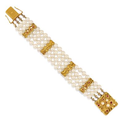 Bracciale in oro giallo 14k con perle coltivate e rubini