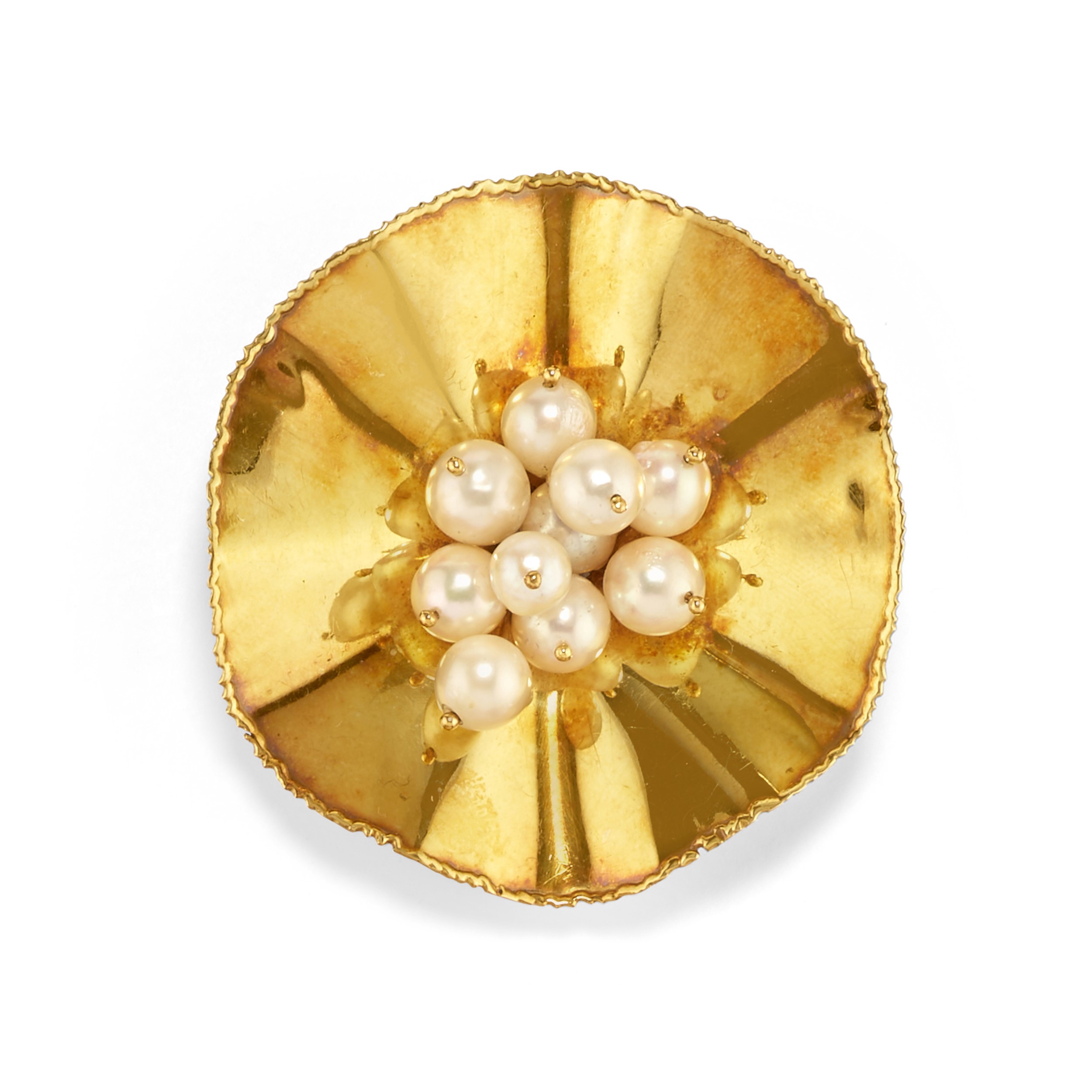 Demi-parure in oro giallo 18k con perle coltivate, composta da spilla-pendente e orecchini