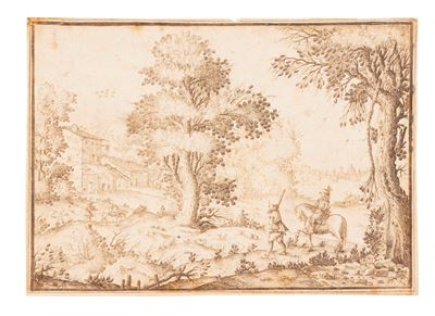 Autore non identificato, Paesaggio con cavaliere e veduta di Firenze sullo sfondo, penna e inchio...