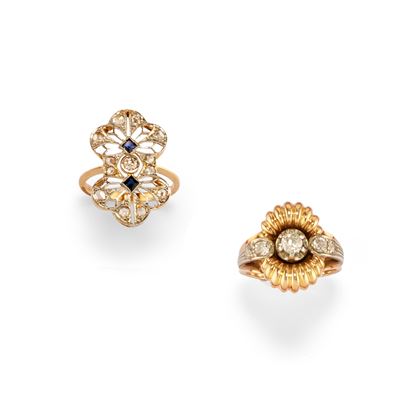 Due anelli in oro bicolore 18K con diamanti e zaffiri