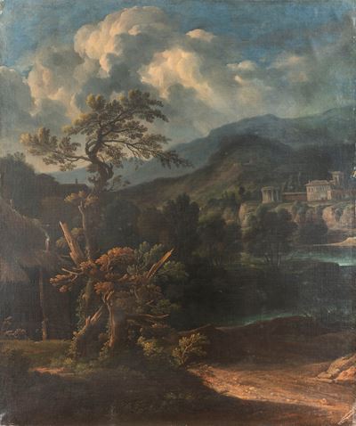 Paesaggio boschivo con il Tempio di Vesta, olio su tela