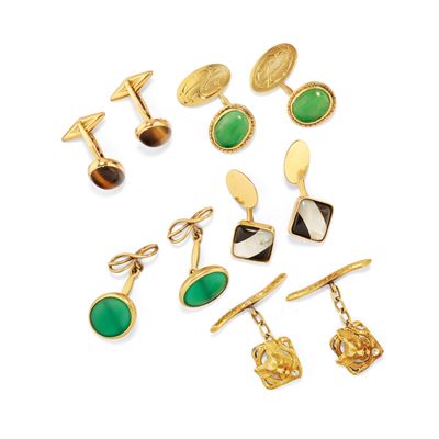 Cinque coppie di polsini in oro giallo 18k con pietre diverse