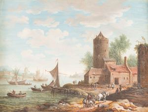 Landscape with bystanders along a river, architecture and sailing ships