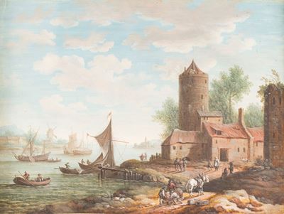 Autore ignoto, Paesaggio con astanti lungo un fiume, gouache su carta