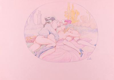 Le rendez-vous sur l'herbe, matita e pastelli su cartoncino rosa