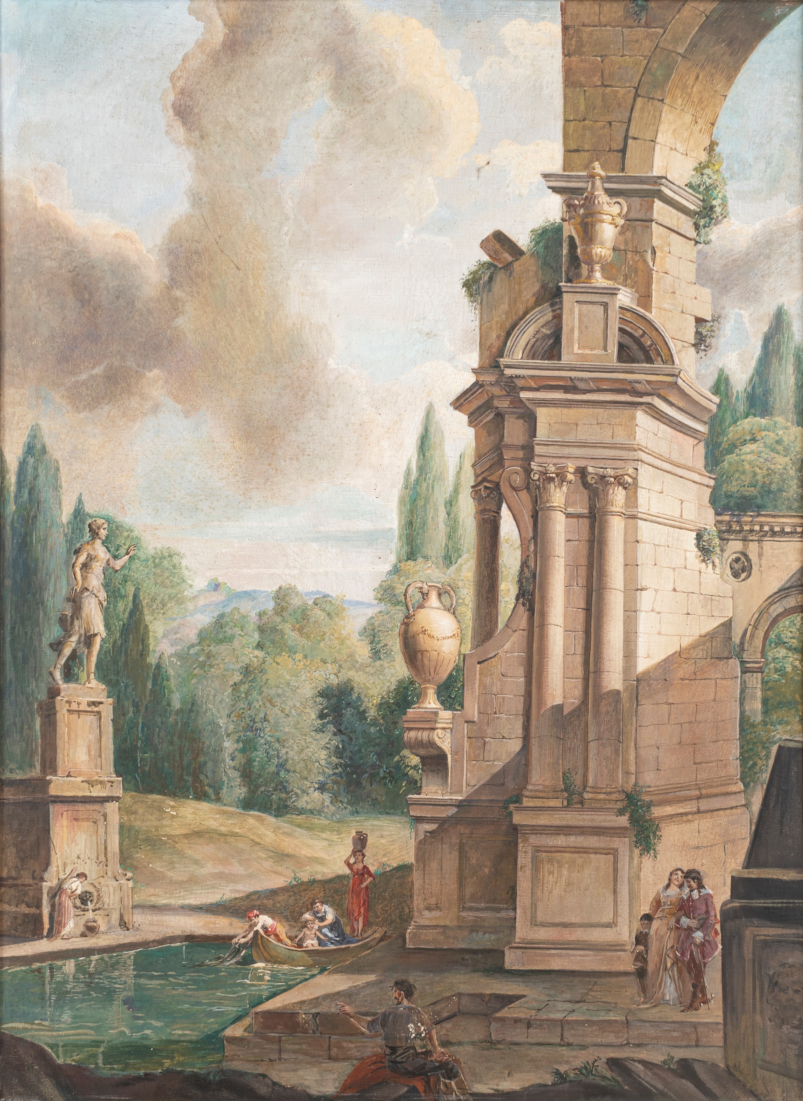Maniera di Giovanni Paolo Panini - Due Capricci Architettonici con Astanti