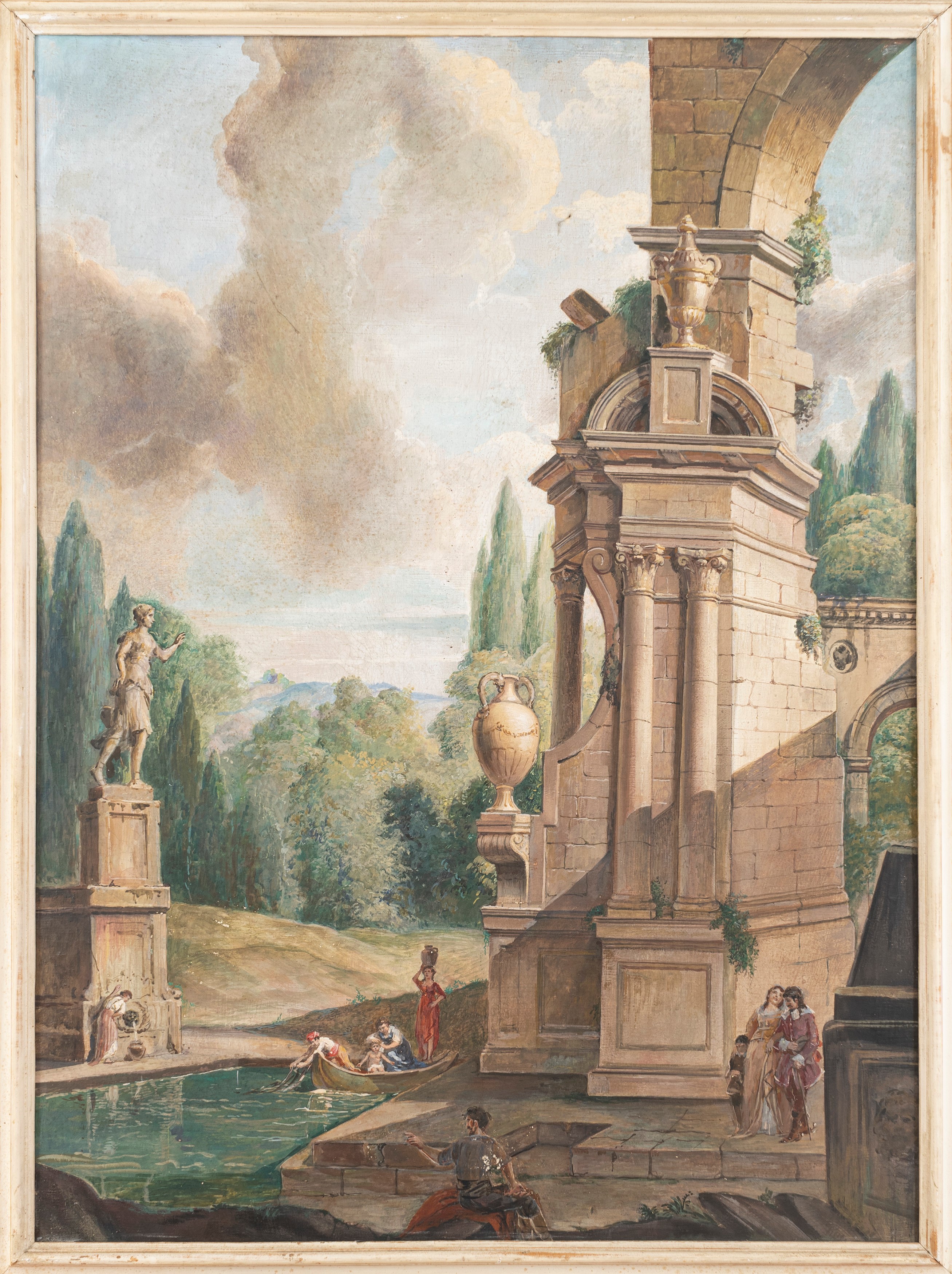 Maniera di Giovanni Paolo Panini - Due Capricci Architettonici con Astanti