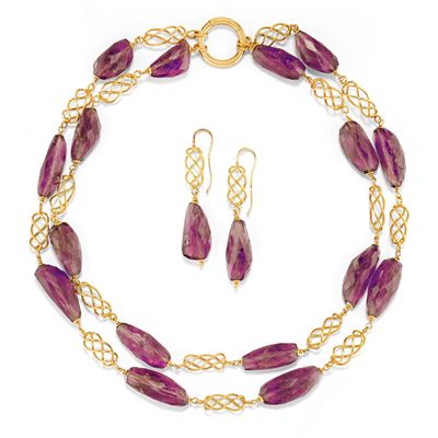 Demi-parure in oro giallo 18k con ametiste, collana e orecchini pendenti