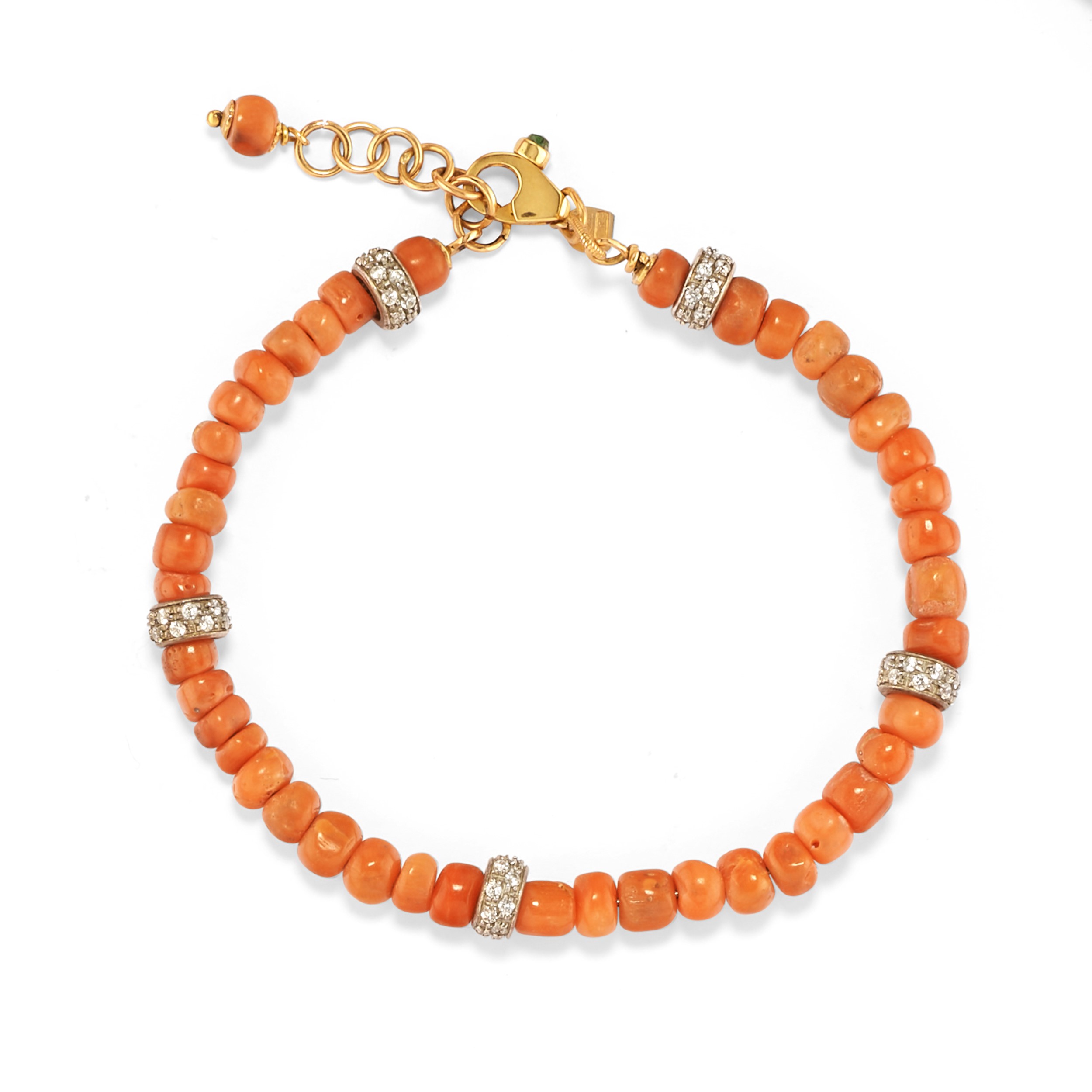 Collana e bracciale in corallo, oro giallo 18k e argento con diamanti