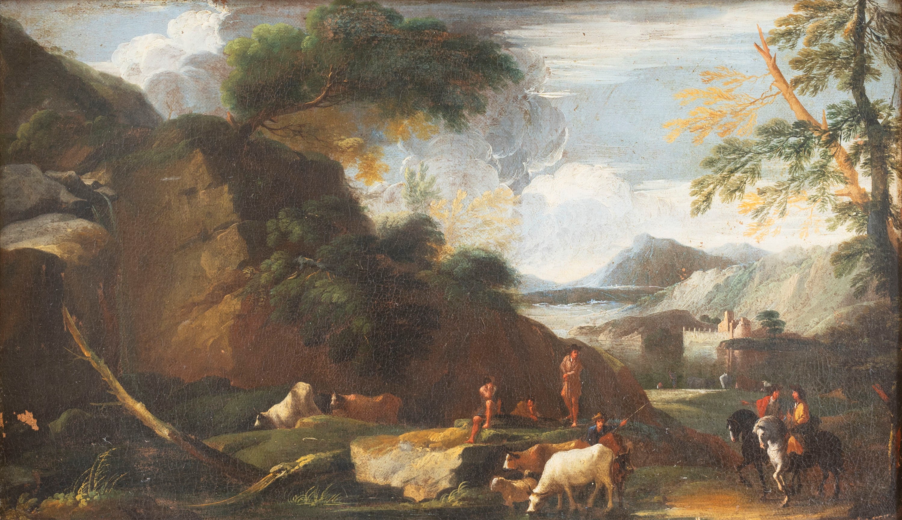 Scuola Napoletana, Secolo XVII - Scuola napoletana, Due paesaggi fluviali con sperone roccioso, c...