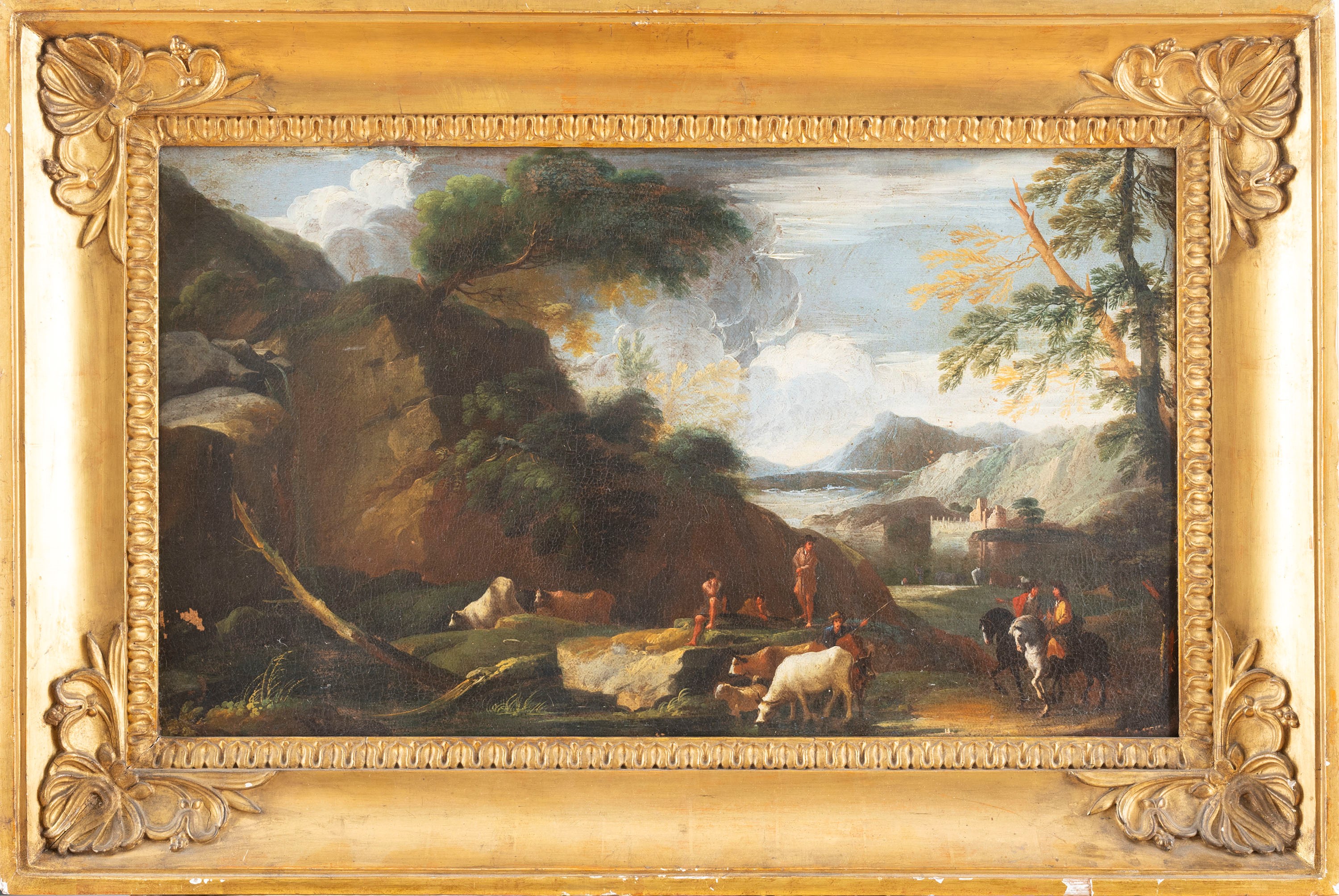 Scuola Napoletana, Secolo XVII - Scuola napoletana, Due paesaggi fluviali con sperone roccioso, c...