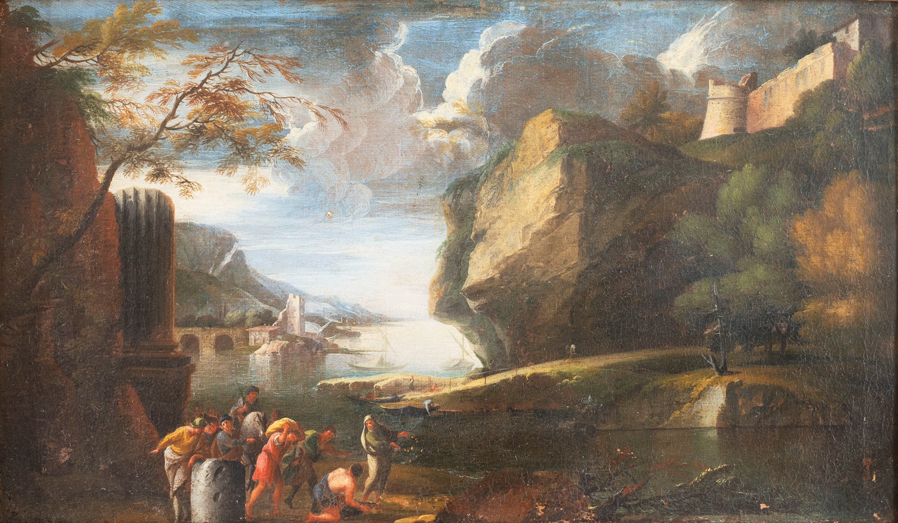 Scuola Napoletana, Secolo XVII - Scuola napoletana, Due paesaggi fluviali con sperone roccioso, c...