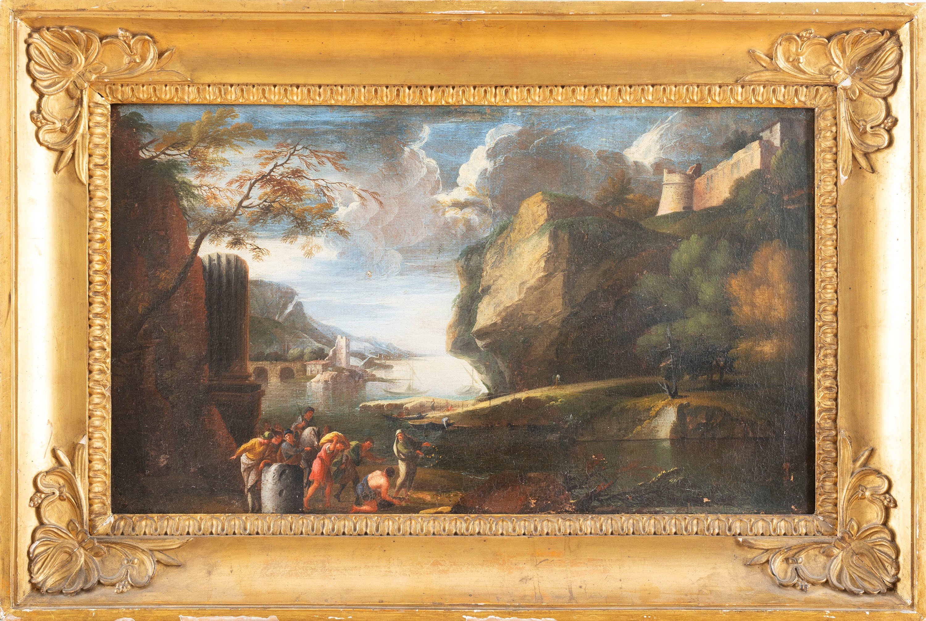 Scuola Napoletana, Secolo XVII - Scuola napoletana, Due paesaggi fluviali con sperone roccioso, c...