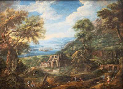 Christian Georg Schuetz, Paesaggio con casolare e fiume in lontananza, olio su tavola