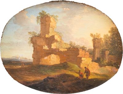 Paesaggio laziale con ruderi, olio su tavola (cm 11 x 14,5)