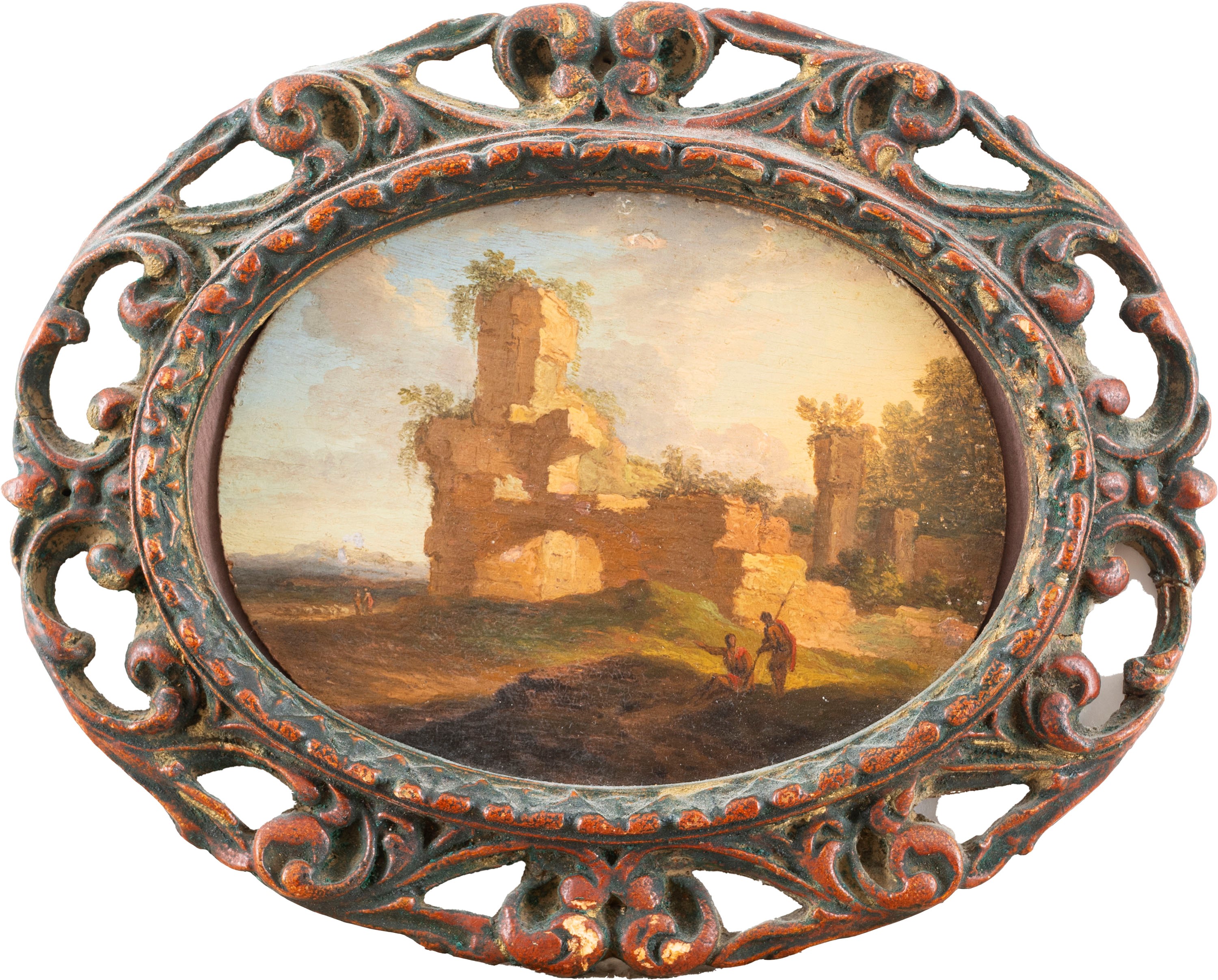 Cerchia di Jan Frans Van Bloemen, Detto Orizzonte - Paesaggio laziale con ruderi, olio su tavola ...