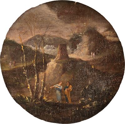 Paesaggio con due figure, olio su tela, tondo, diametro cm 21,5