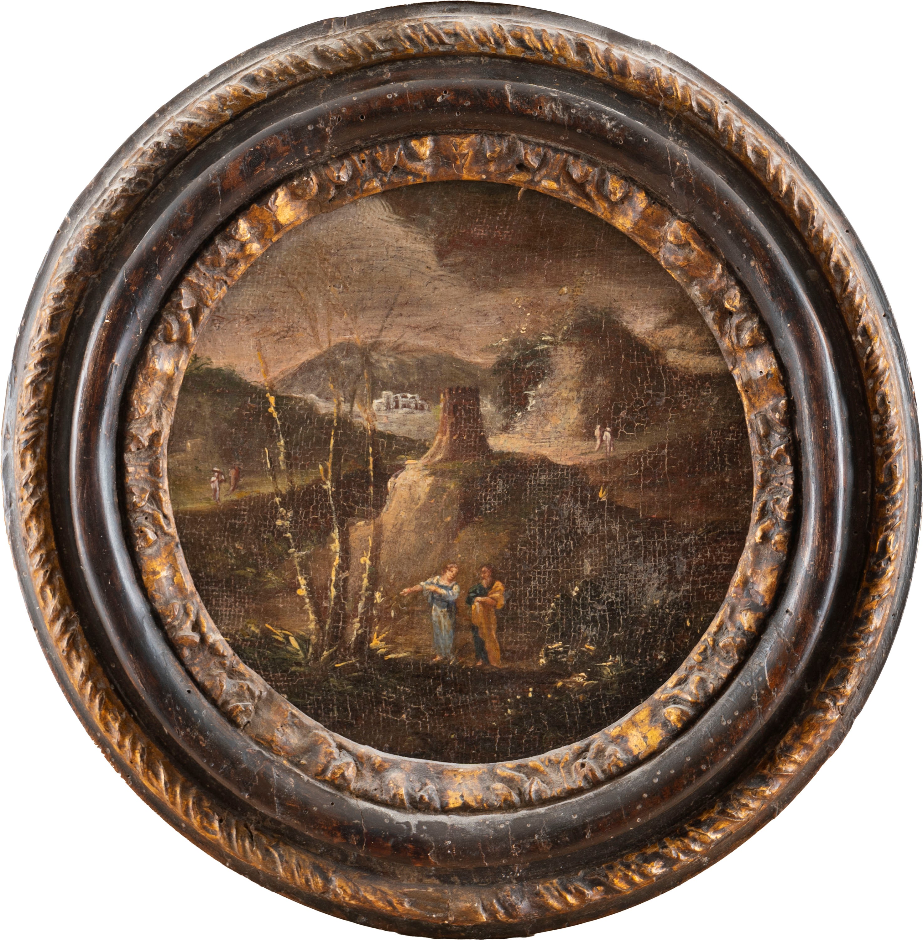 Scuola Romana, Secolo XVII - Paesaggio con due figure, olio su tela, tondo, diametro cm 21,5