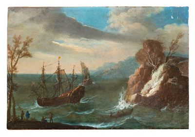 Autore Ignoto, Marina in tempesta, olio su rame
