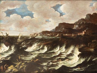 Burrasca con velieri e astanti sulla costa, olio su tela