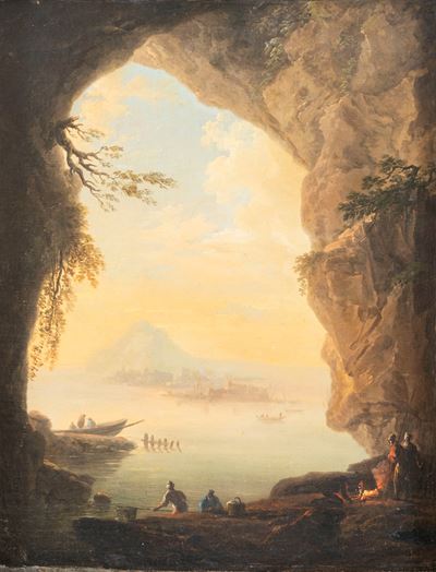 Autore ignoto, Grotta costiera con pescatori, olio su tela