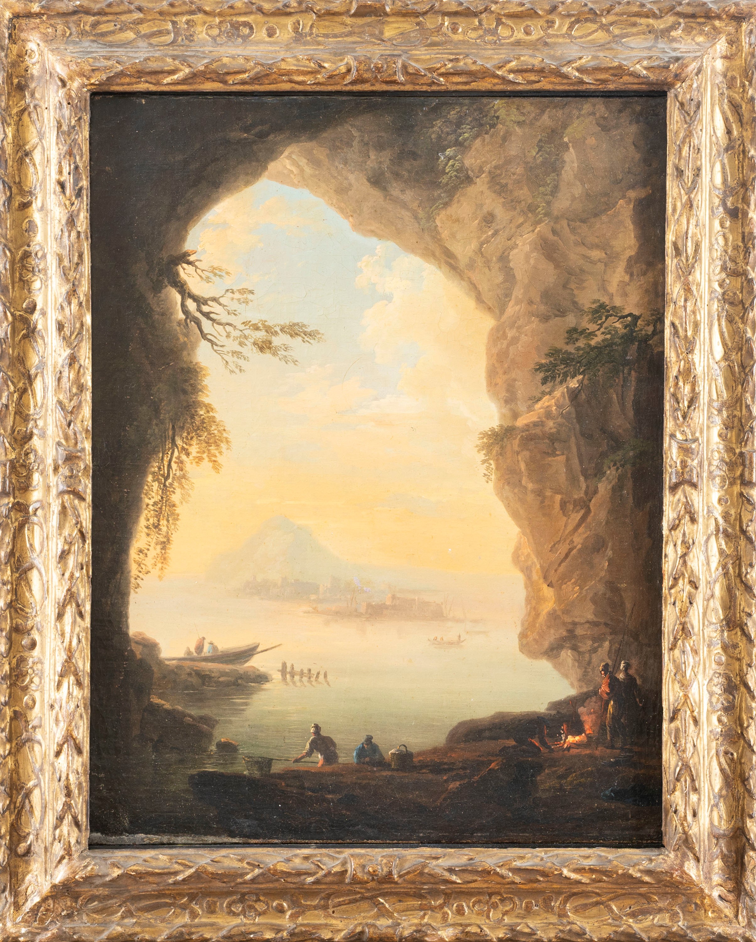 Scuola Napoletana, Secolo XVIII - Autore ignoto, Grotta costiera con pescatori, olio su tela