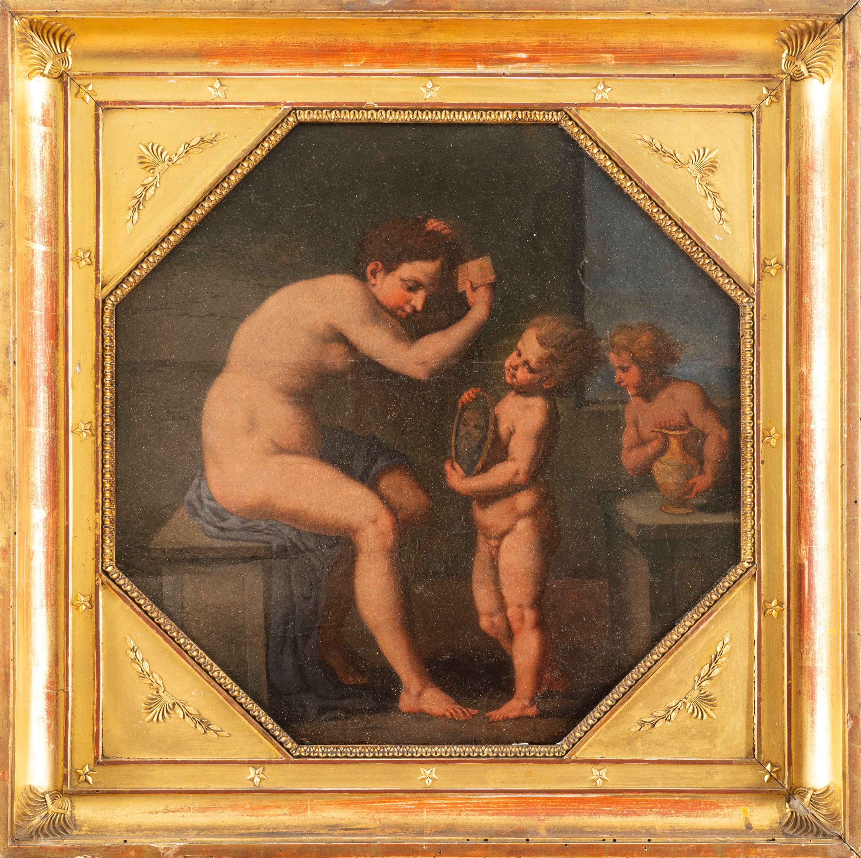 Scuola Emiliana, Secolo XVII - Toeletta di Venere, olio su tavola ottagonale