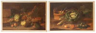 Autore sconosciuto, Due nature morte in un interno di cucina, coppia olio su tela