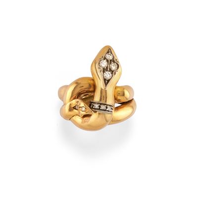Anello a forma di serpente in oro giallo 18k e argento con diamanti