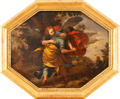 Attribuzione sconosciuta, Lotta di Giacobbe e l'angelo, olio su tavola in ottagono