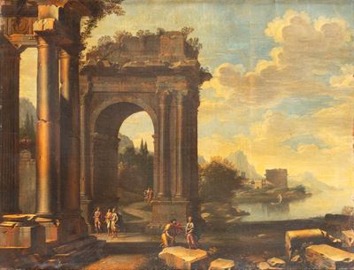 Capriccio architettonico lungo la costa, olio su tela