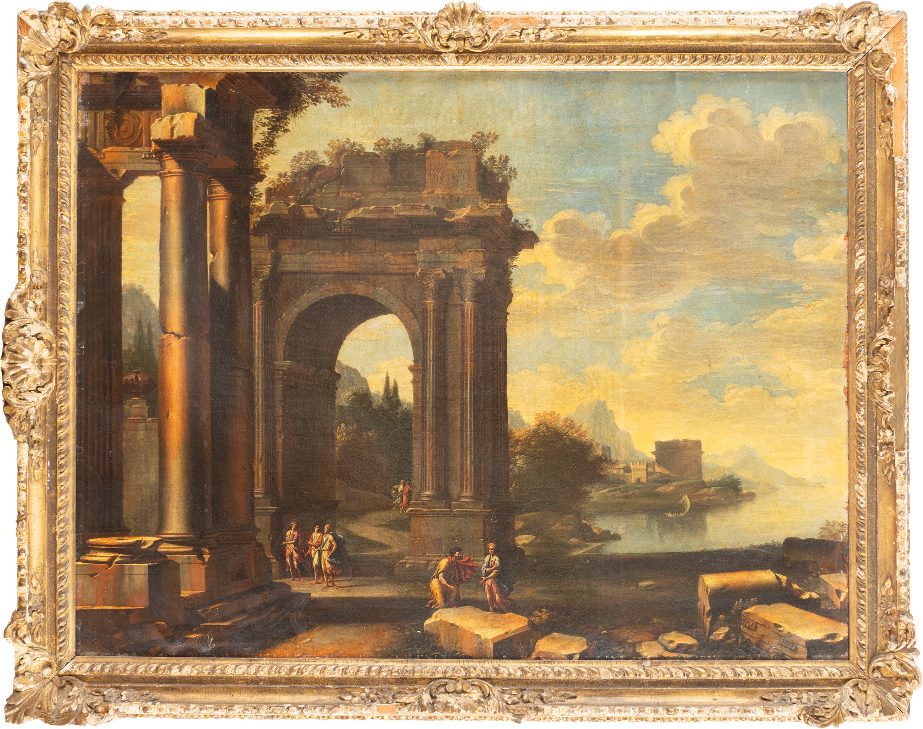 Attribuito a Giovanni Ghisolfi (milano 1623 - 1683) - Capriccio architettonico lungo la costa, ol...