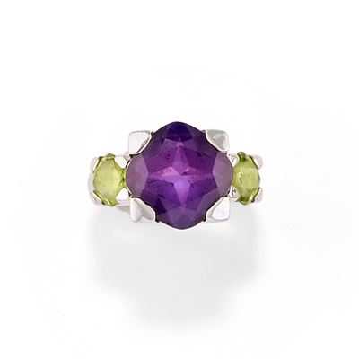 Anello con ametista e peridoti, oro bianco 18k