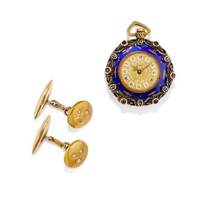 Orologio da tasca Geneve in oro giallo e argento con decori in smalto e rubini