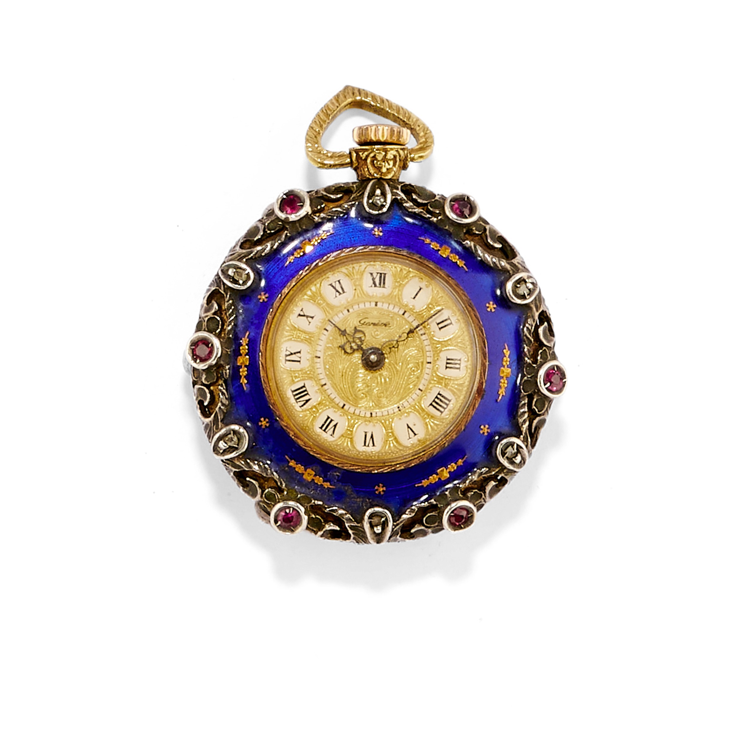 Orologio da tasca Geneve in oro giallo e argento con decori in smalto e rubini