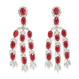 Pendant earrings with rubies