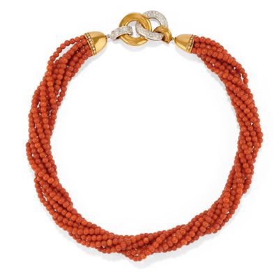 Collana di corallo in oro bicolore 18k con diamanti