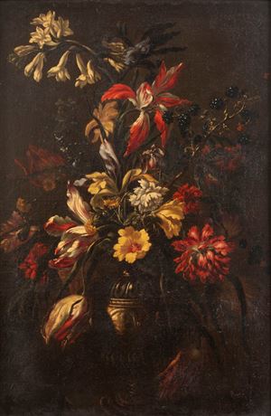 Flowerpot with tulips and carnations