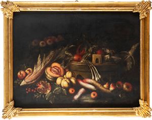 Natura morta con zucca, verze, rape, pere e melograni