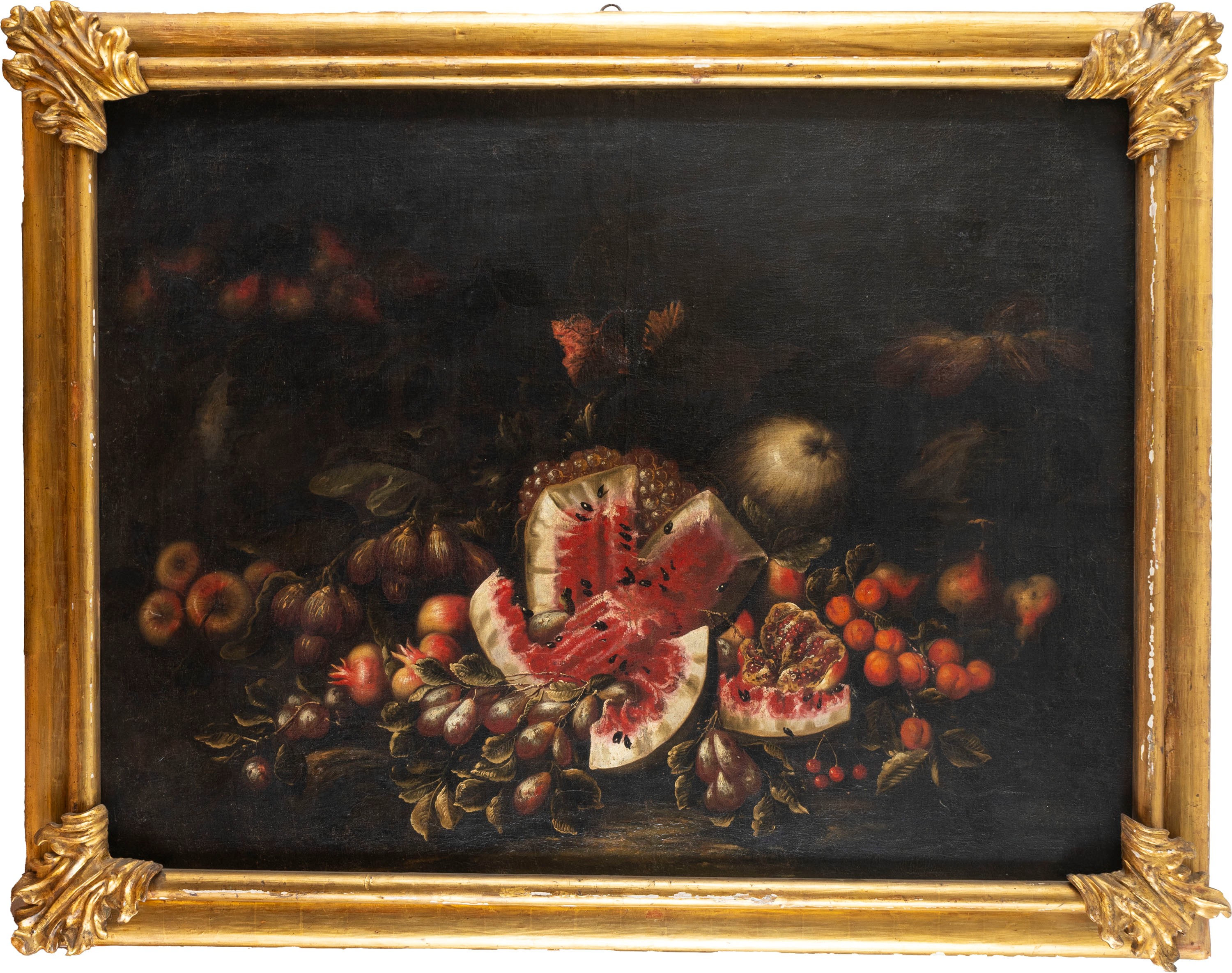 Scuola lombarda, secolo XVII - Natura morta con anguria, albicocche ...