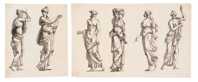 Studio per figure classiche femminili, tre disegni a penna e acquerello su carta