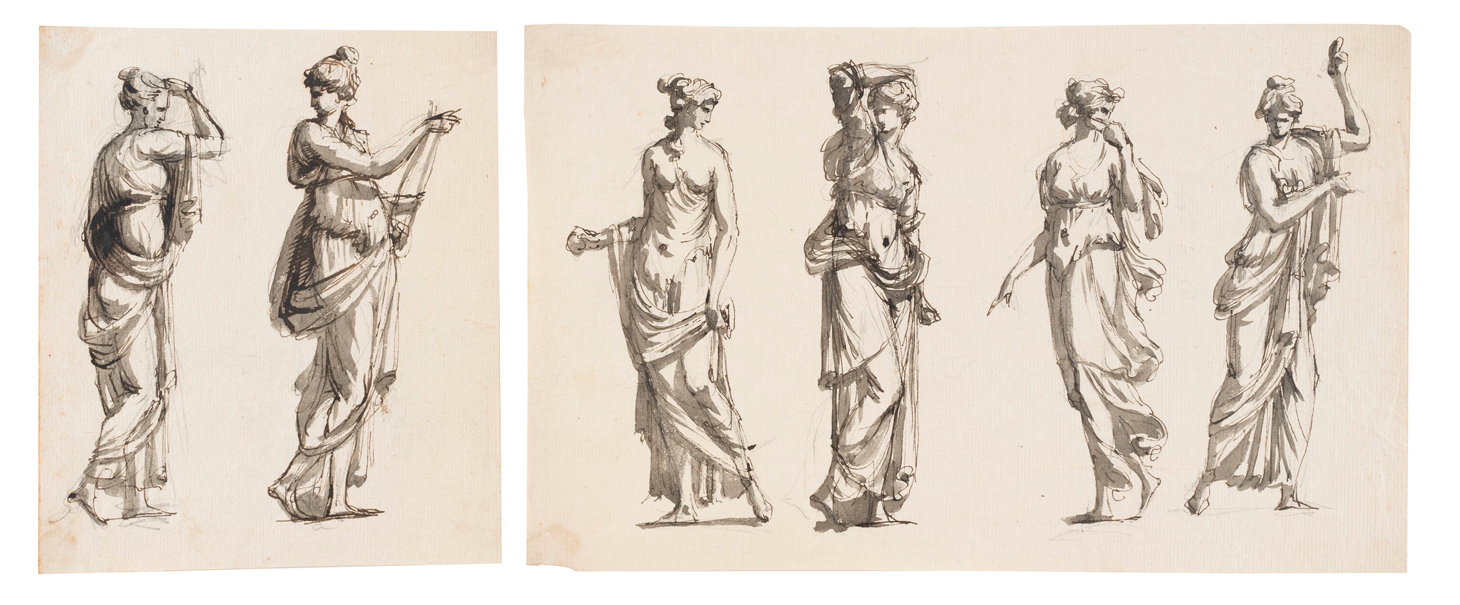 Giacomo Rossi - Studio per figure classiche femminili, tre disegni a penna e acquerello su carta
