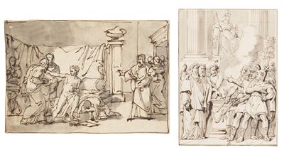 Studio per scena storica in un interno; Scena di storia romana davanti all'altare di Minerva, due...