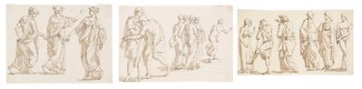 Studi di figure classiche, tre disegni a penna e inchiostro bruno con acquerello grigio-bruno